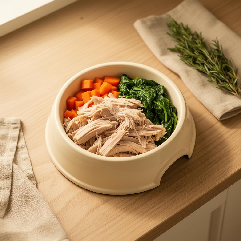 Fresh ceramic bowl of custom pup meal with turkey, carrots and spinach on a wooden kitchen counter